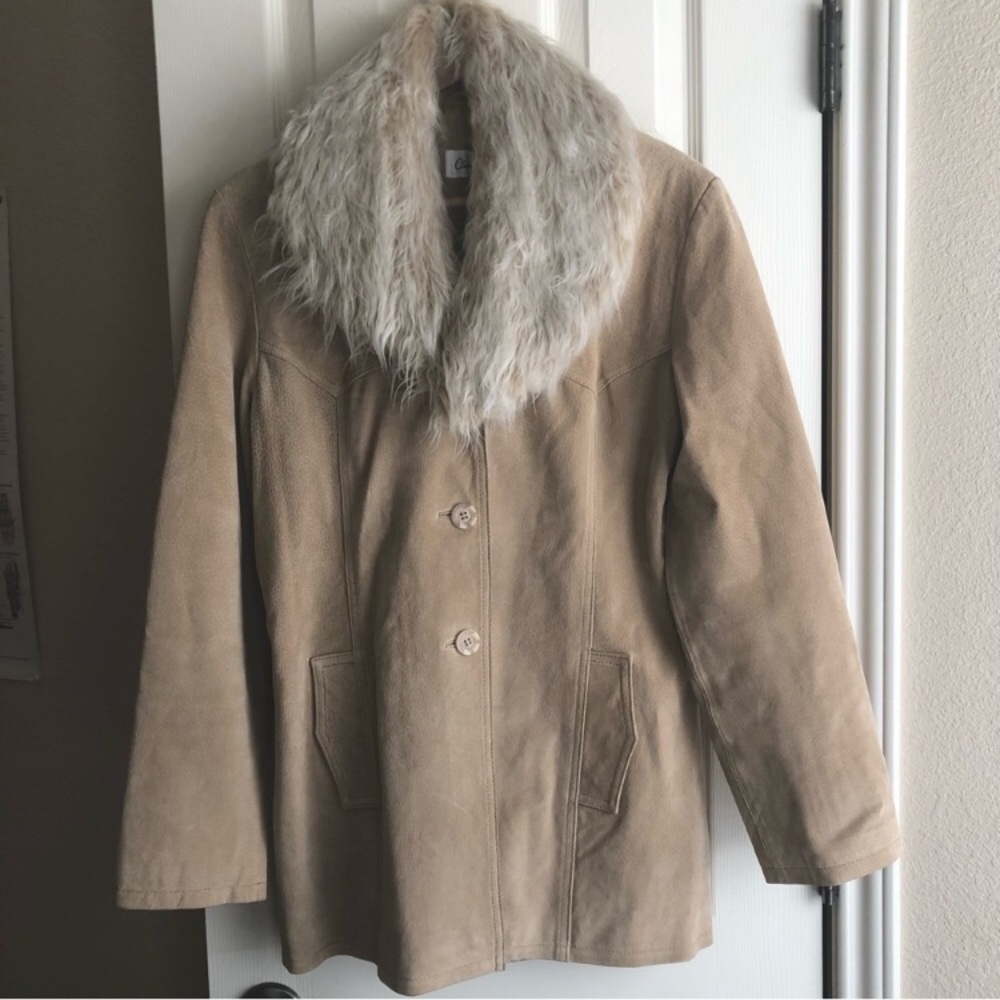 Vintage Y2K Genuine Suede Leather Jacket Faux Fur Removable Trim Collar BoHo